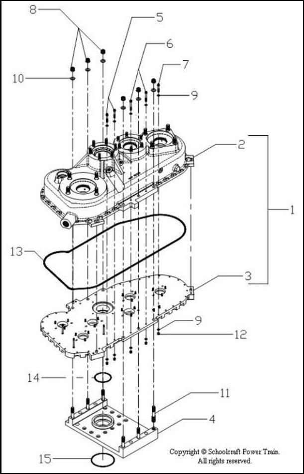 Exploded view of accessory gearbox housing